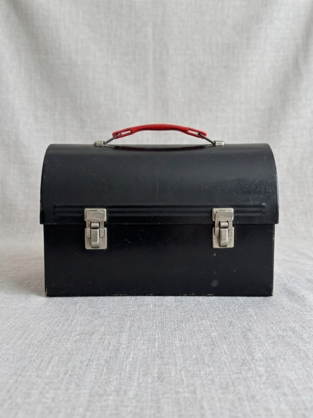 Vintage THERMOS Metal Lunch Box - Made in Canada - Black/Red Handle